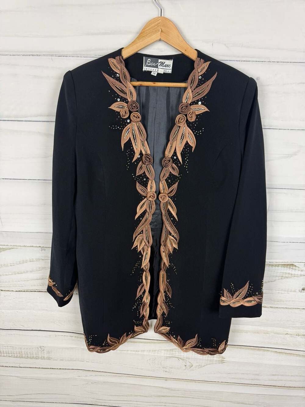 Ben Marc International Black Embroidered Beaded Floral Jacket Size 14